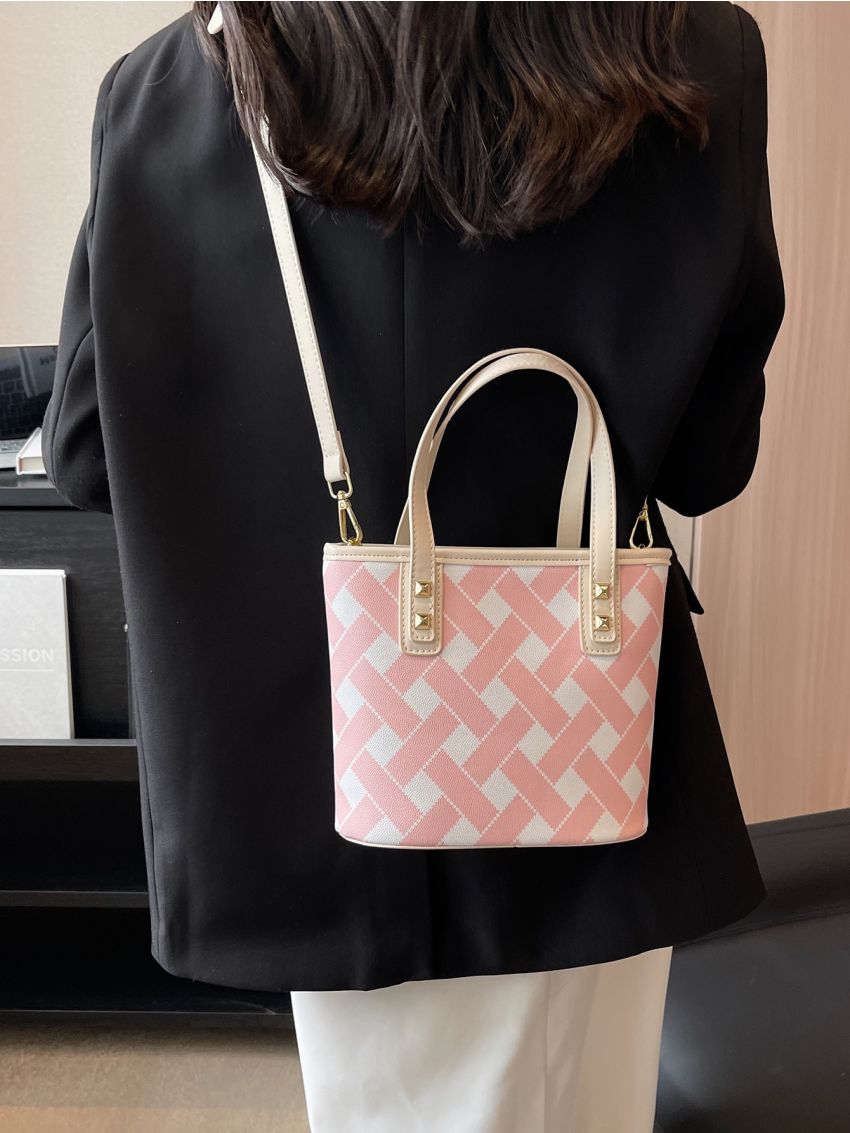 Small Bucket Bag Geometric Pattern Double Handle