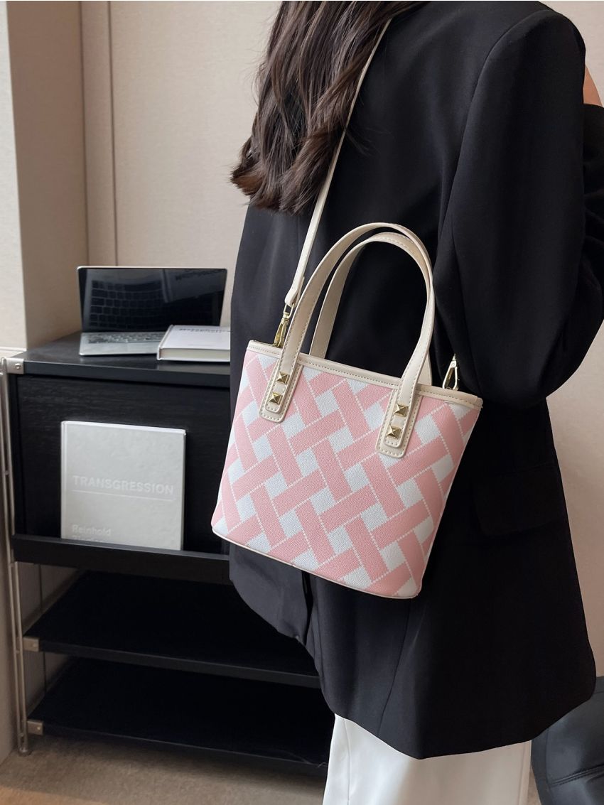 Small Bucket Bag Geometric Pattern Double Handle