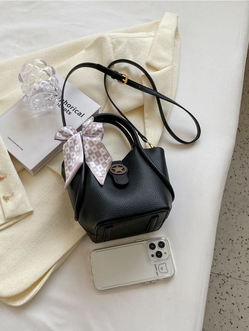 Small Bucket Bag Double Handle Twilly Scarf Decor