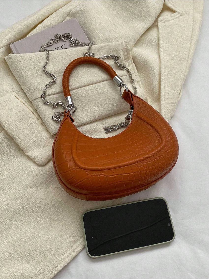 Small Hobo Bag Crocodile Embossed Tassel Decor