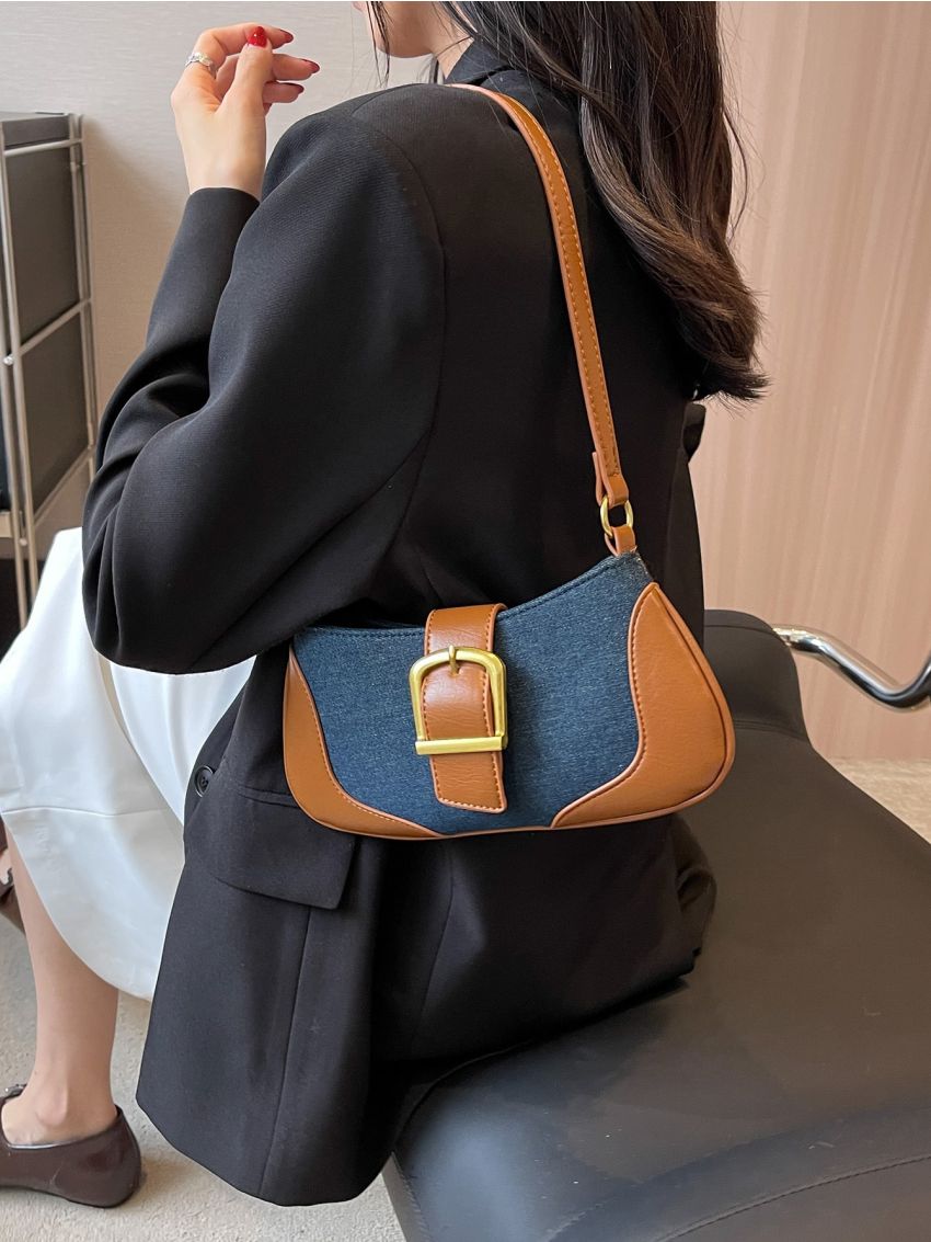 Medium Shoulder Bag Colorblock Buckle Decor