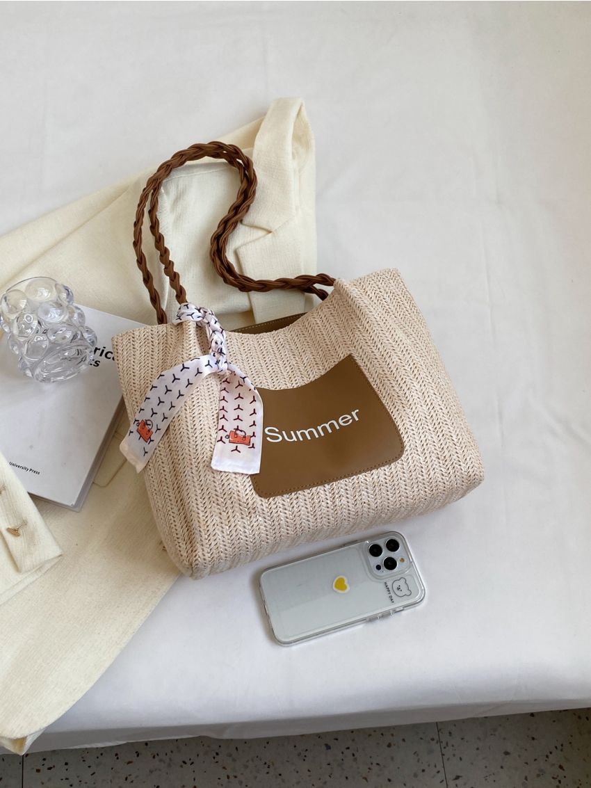 Small Straw Bag Letter Patch & Twilly Scarf Decor