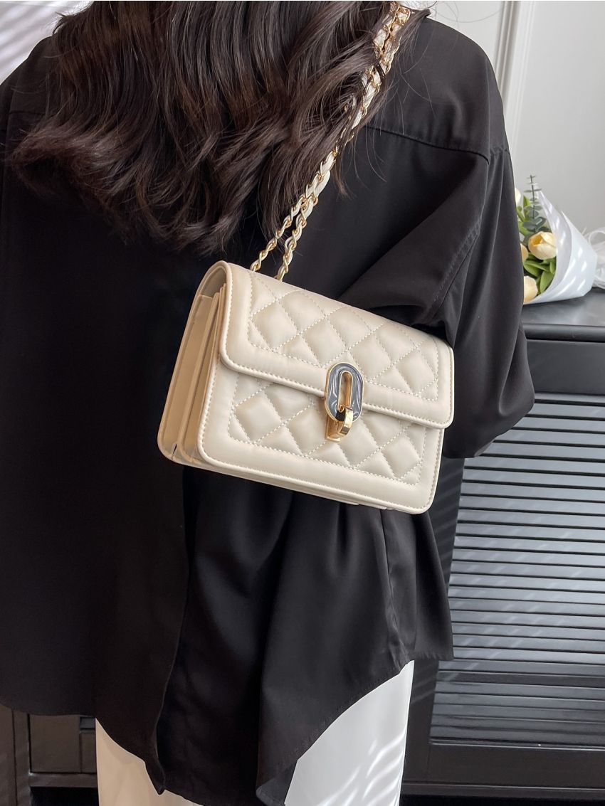 Mini Square Bag Fashionable Argyle Quilted Metal Lock Flap Chain PU