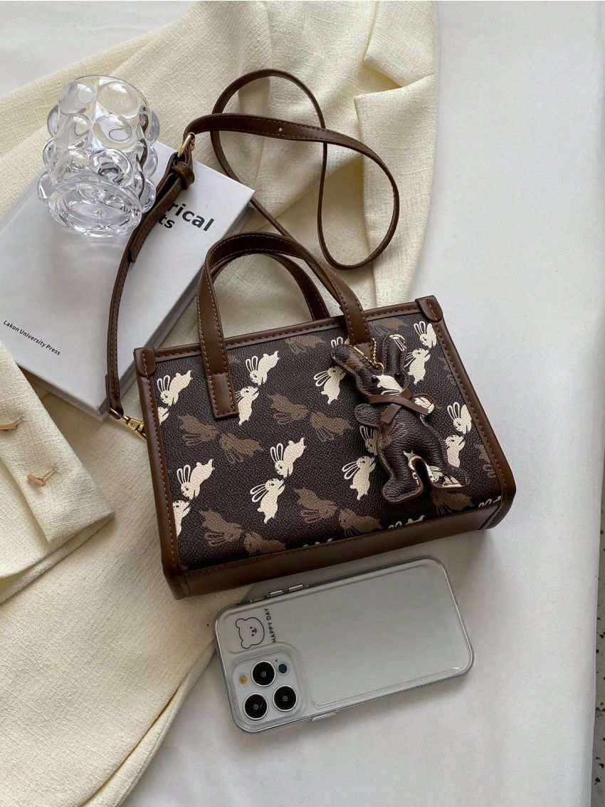 Small Square Bag Double Handle Cartoon Rabbit Print