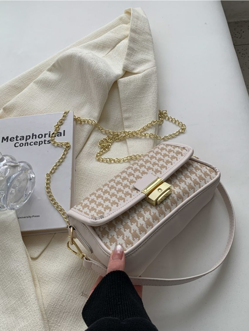 Small Square Bag Houndstooth Pattern Chain Strap Flap Design