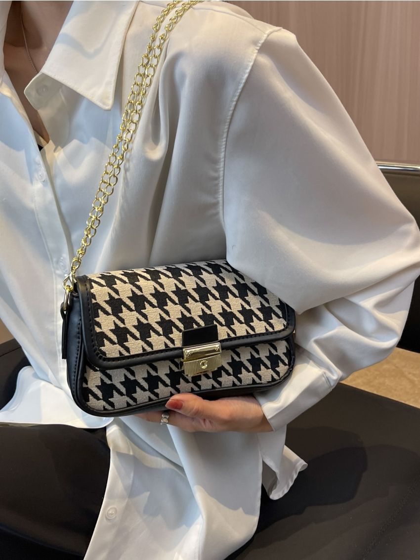 Small Square Bag Houndstooth Pattern Chain Strap Flap Design