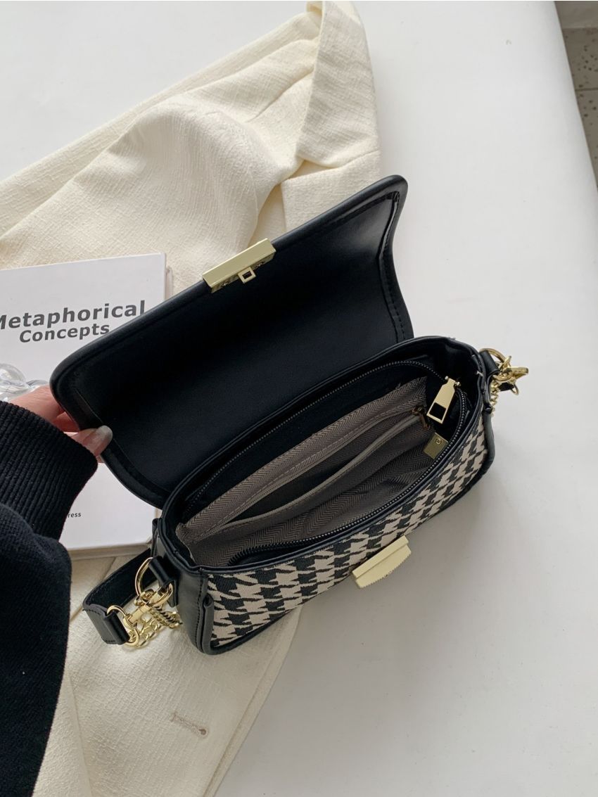 Small Square Bag Houndstooth Pattern Chain Strap Flap Design