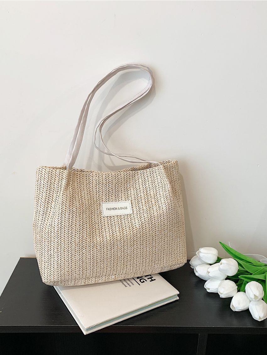 Small Straw Bag Double Handle Letter Patch Decor