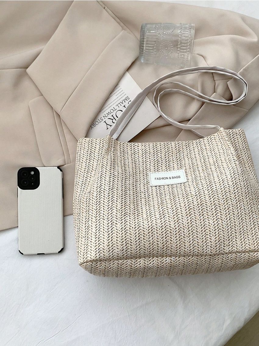 Small Straw Bag Double Handle Letter Patch Decor