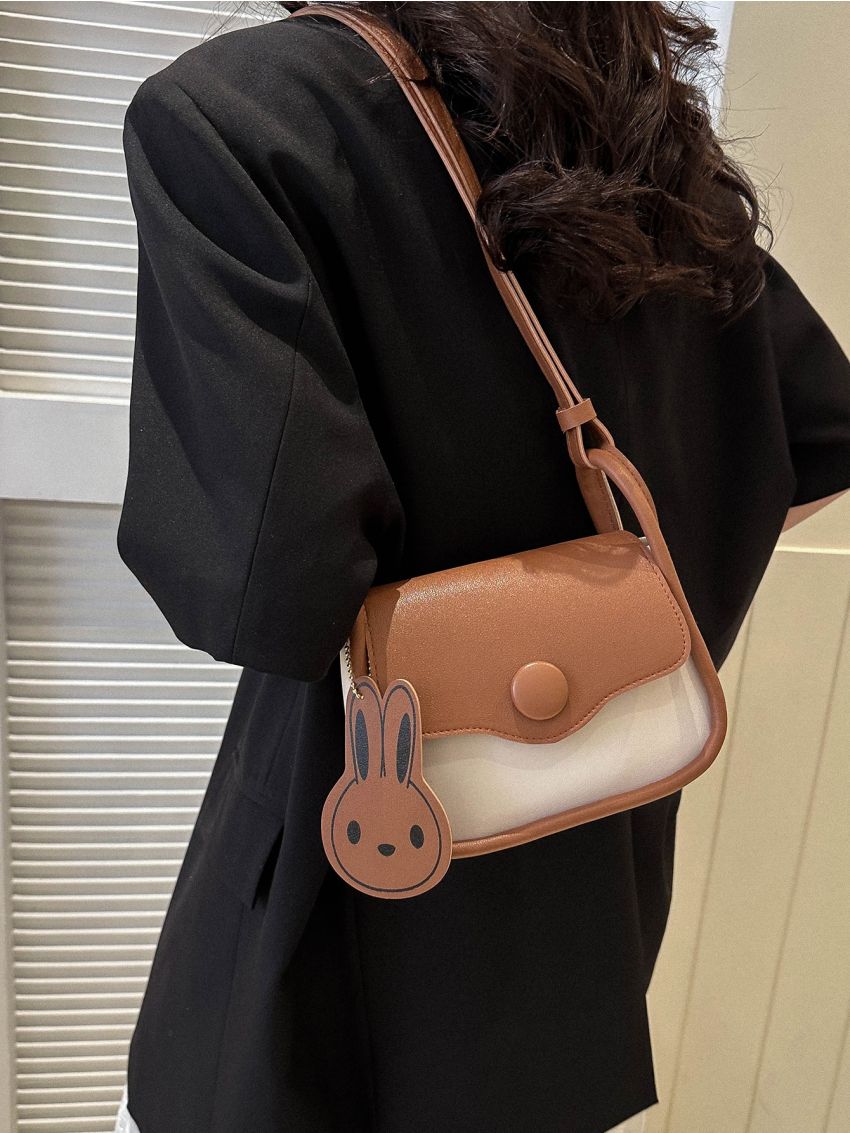 Mini Saddle Bag Colorblock Flap Design With Cartoon Charm