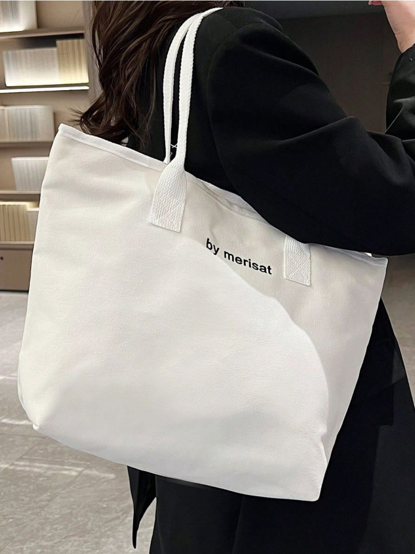 Large Capacity Shopper Bag Double Handle Letter Print For Daily Outing