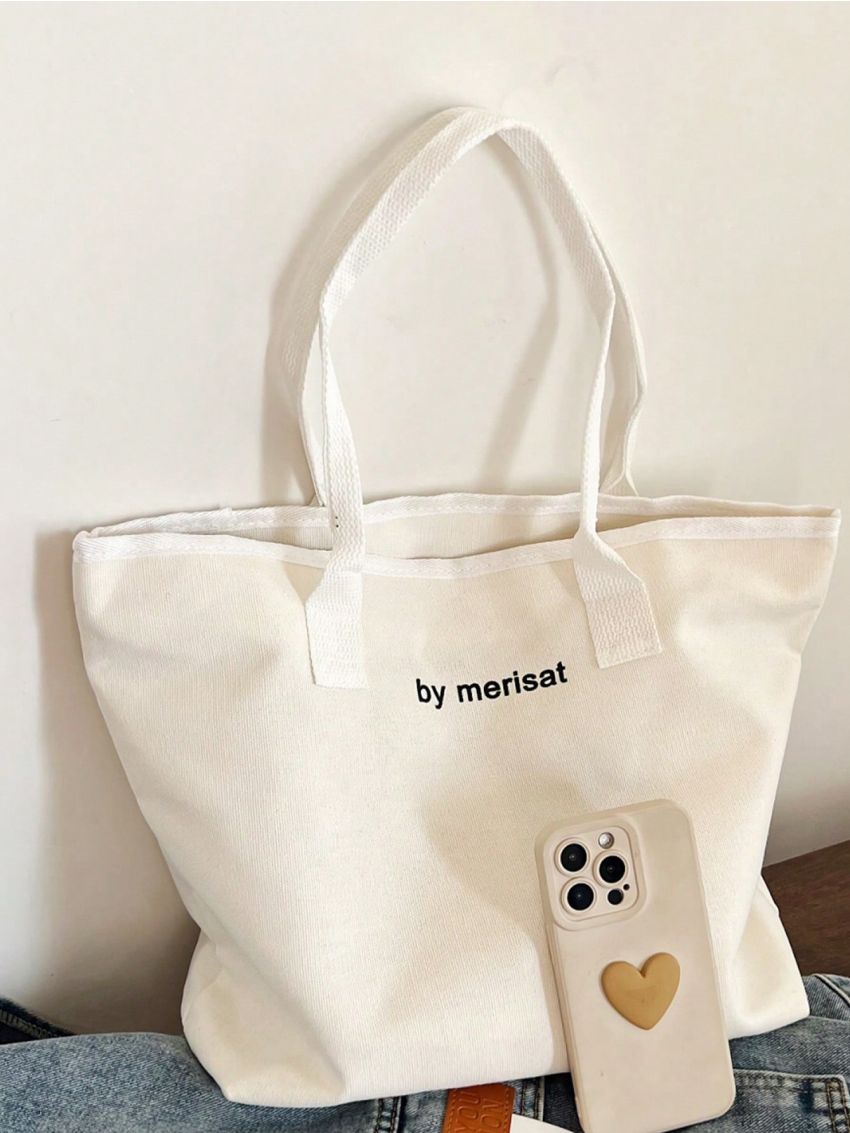 Large Capacity Shopper Bag Double Handle Letter Print For Daily Outing