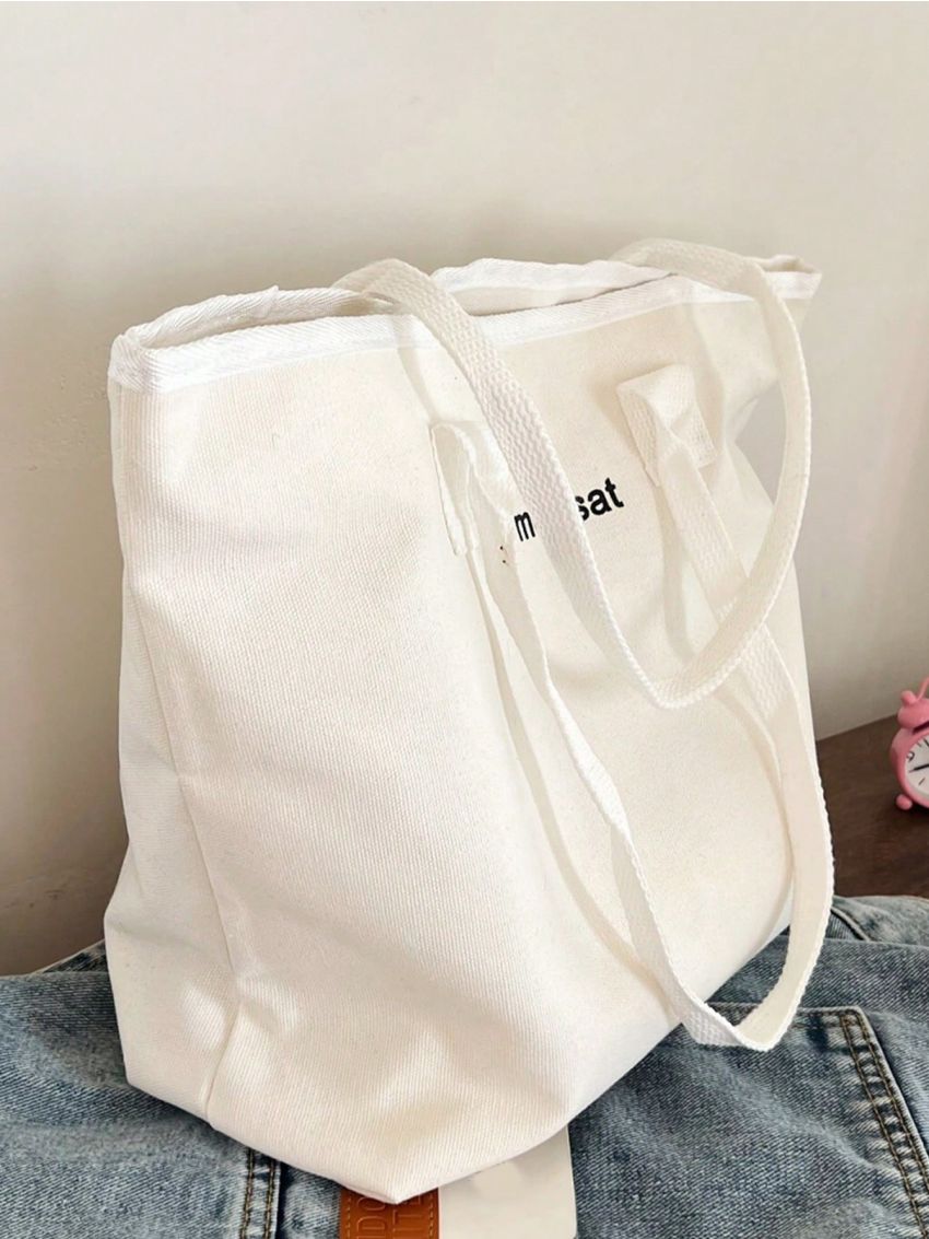 Large Capacity Shopper Bag Double Handle Letter Print For Daily Outing