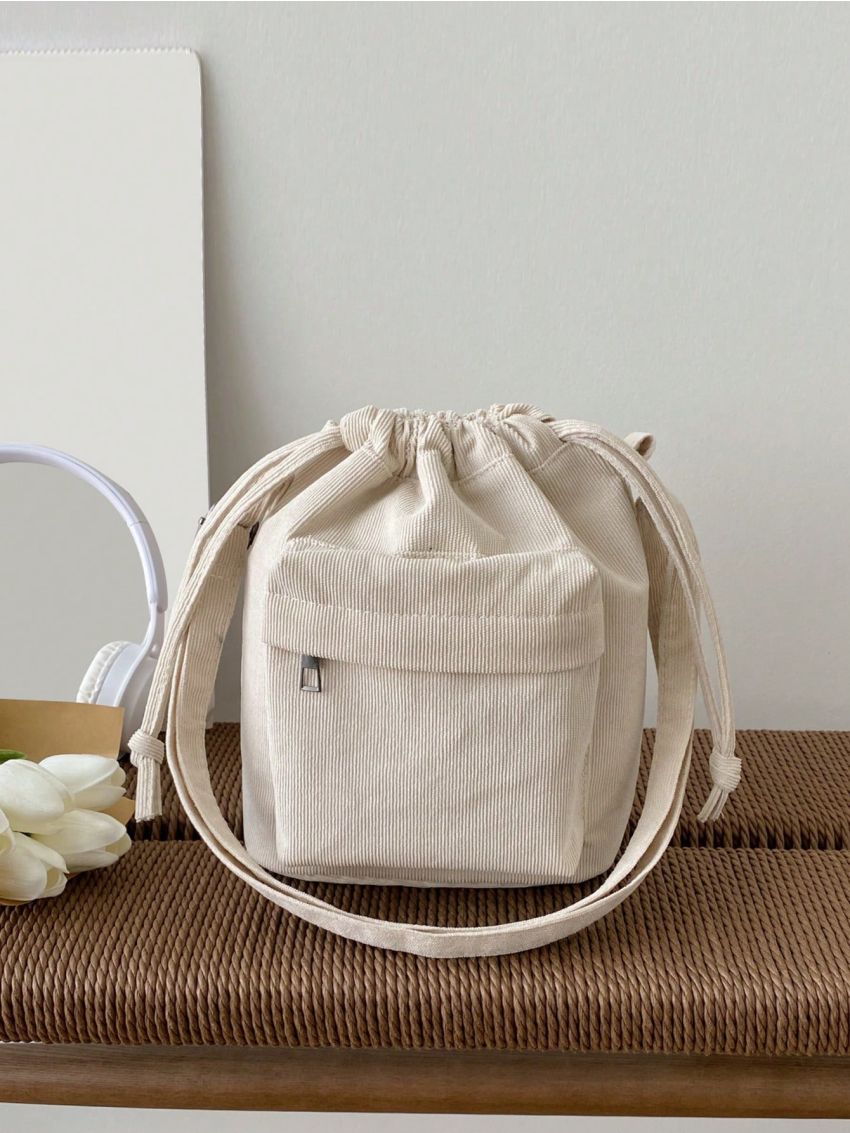 Corduroy Bucket Bag Pocket Front Drawstring For Daily