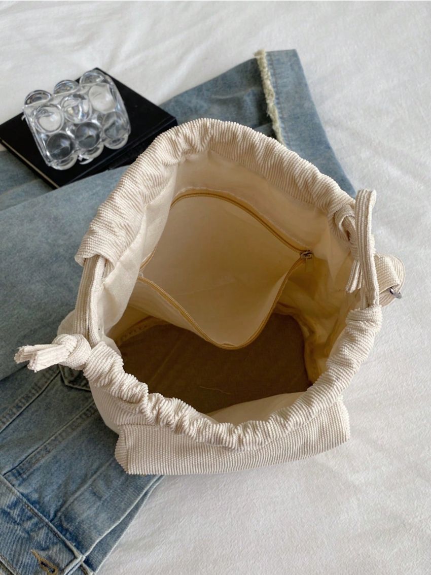 Corduroy Bucket Bag Pocket Front Drawstring For Daily