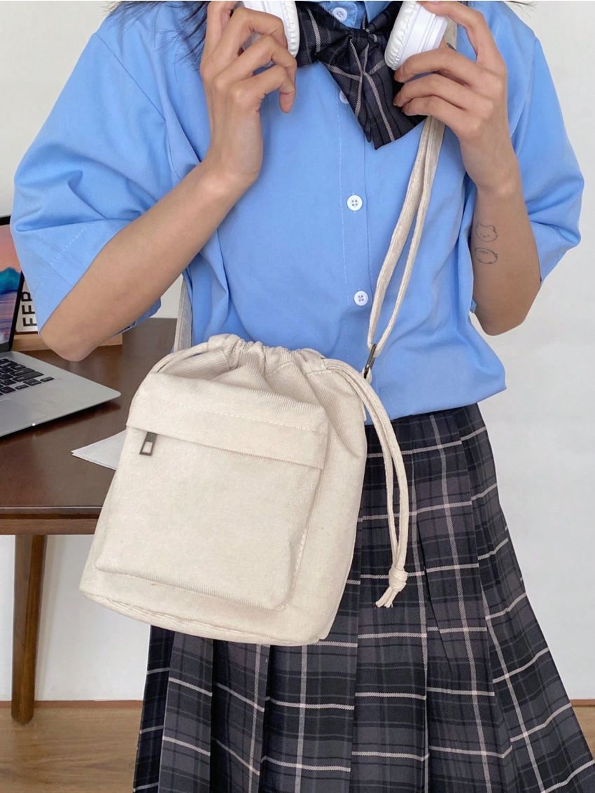 Corduroy Bucket Bag Pocket Front Drawstring For Daily