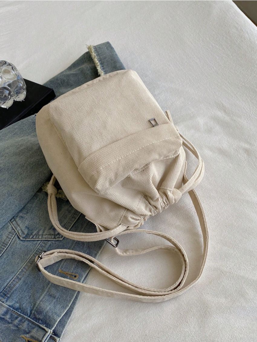 Corduroy Bucket Bag Pocket Front Drawstring For Daily