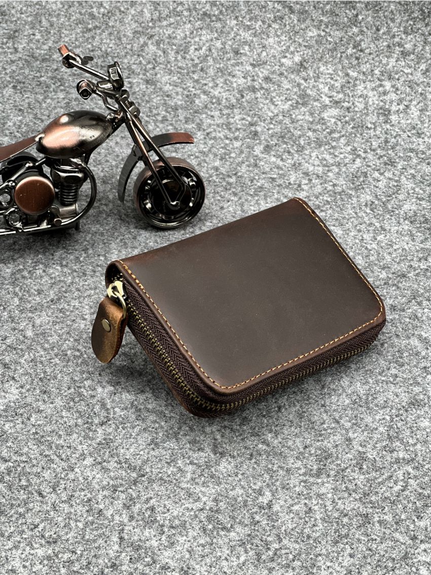 Brown Minimalist Multiple Card Slots Genuine Leather Zipper Around For Daily