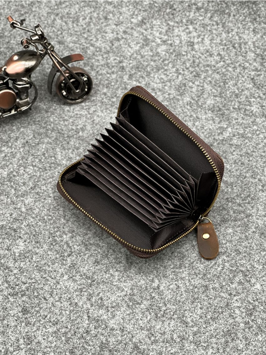 Brown Minimalist Multiple Card Slots Genuine Leather Zipper Around For Daily