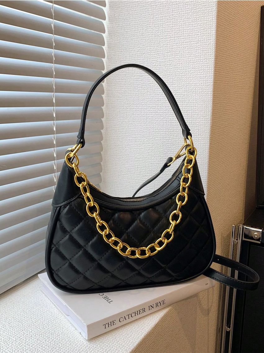 Medium Hobo Bag Quilted Chain Decor Top Handle For Daily