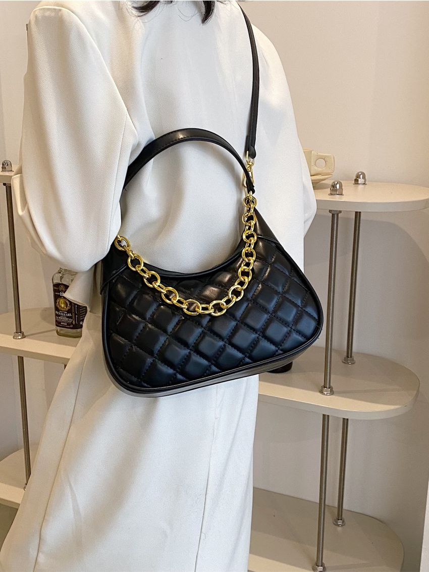 Medium Hobo Bag Quilted Chain Decor Top Handle For Daily