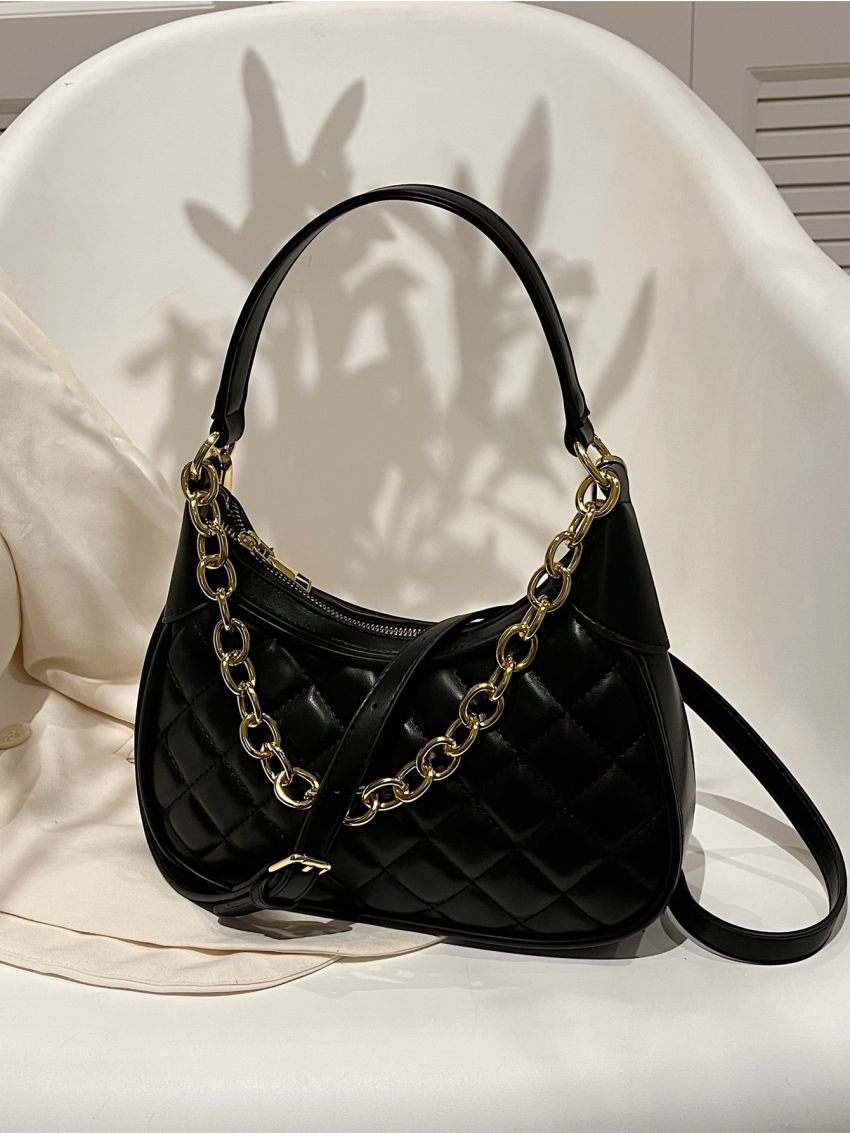 Medium Hobo Bag Quilted Chain Decor Top Handle For Daily