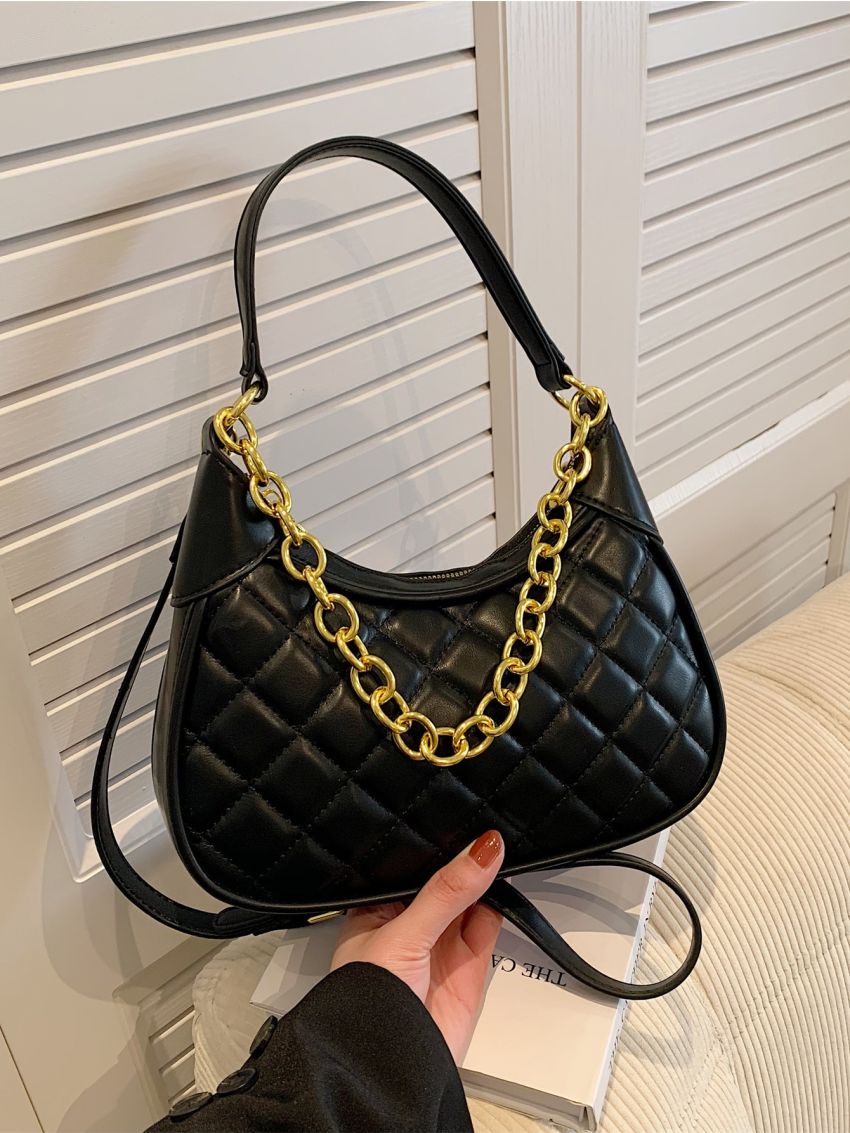 Medium Hobo Bag Quilted Chain Decor Top Handle For Daily