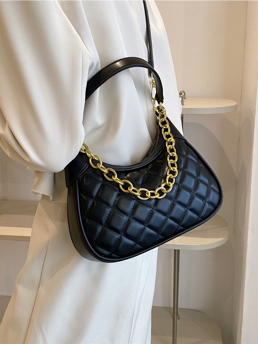 Medium Hobo Bag Quilted Chain Decor Top Handle For Daily