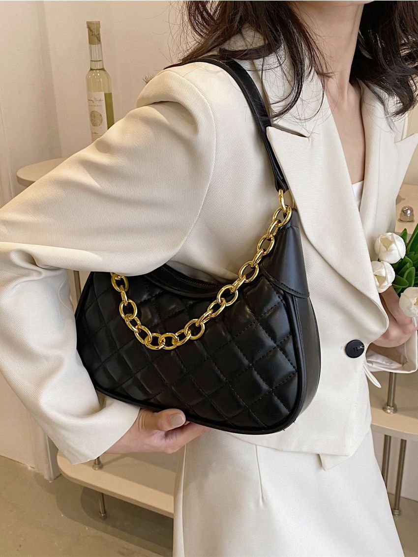 Medium Hobo Bag Quilted Chain Decor Top Handle For Daily