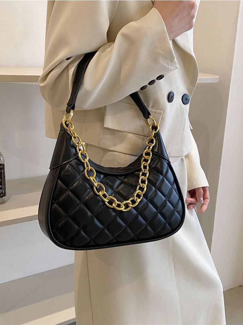Medium Hobo Bag Quilted Chain Decor Top Handle For Daily