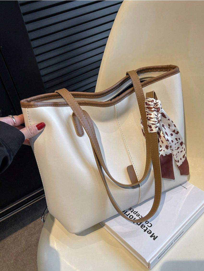 Medium Square Bag Stitch Detail Twilly Scarf Decor Double Handle For Daily