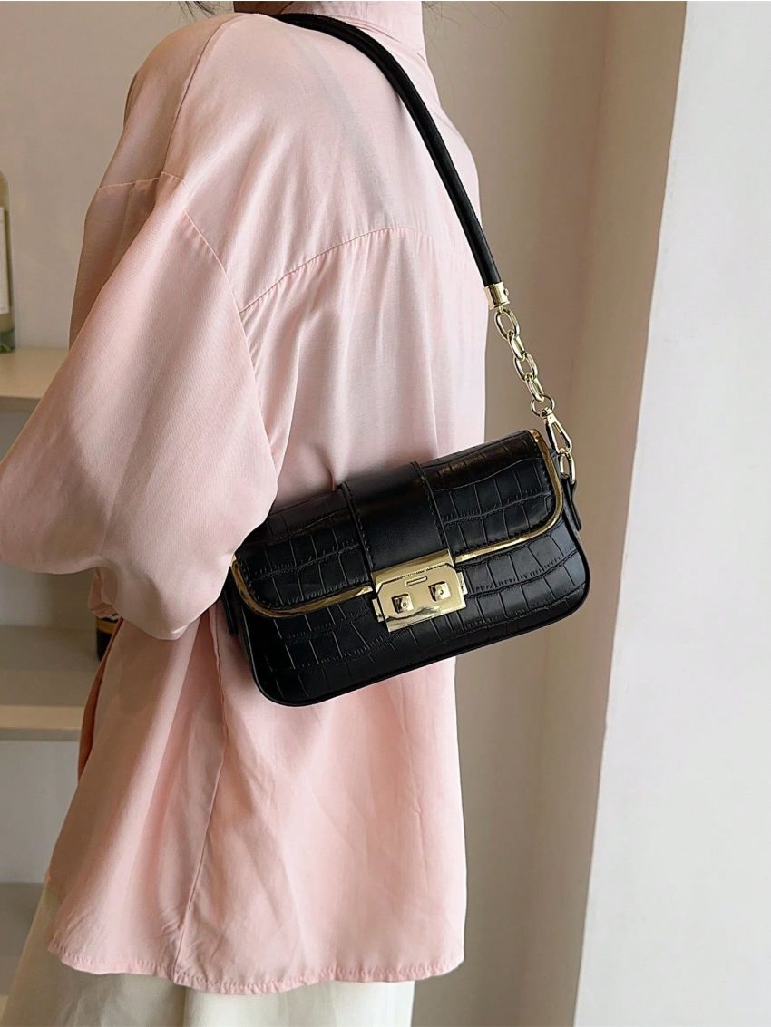 Small Square Bag Crocodile Embossed Flap For Daily