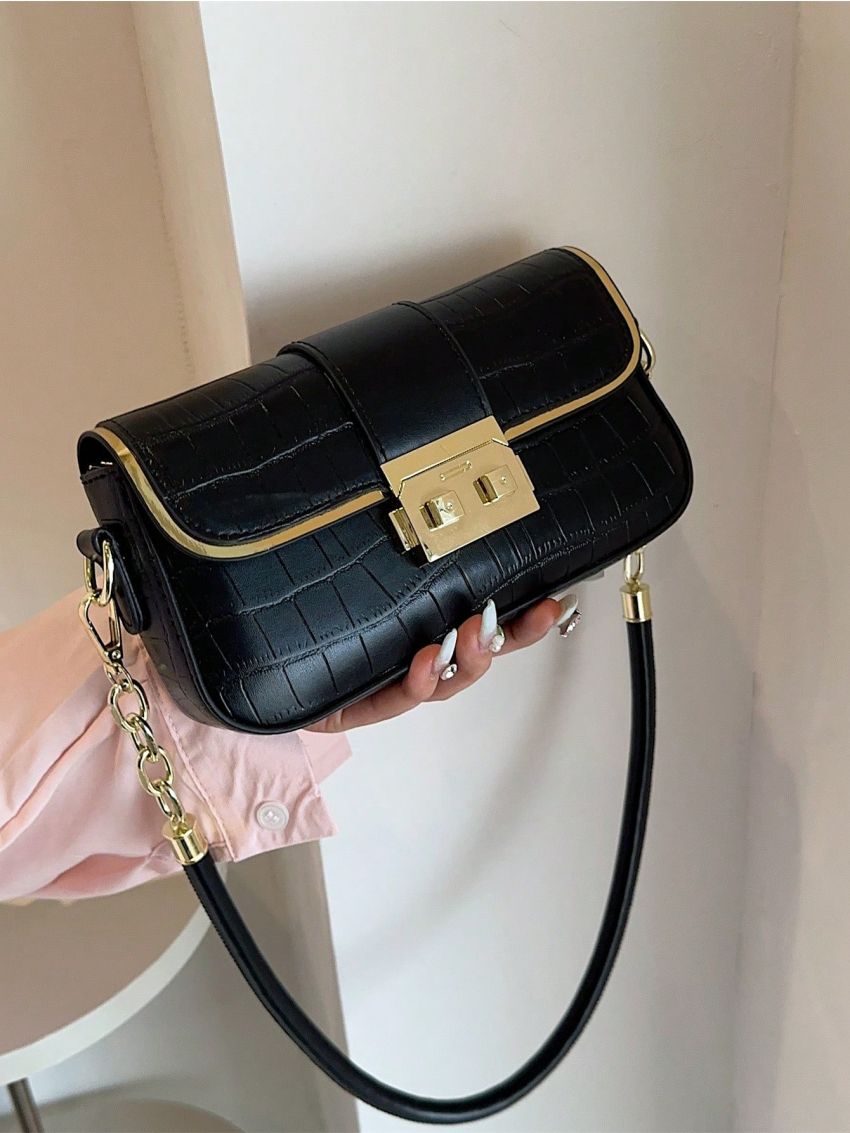 Small Square Bag Crocodile Embossed Flap For Daily