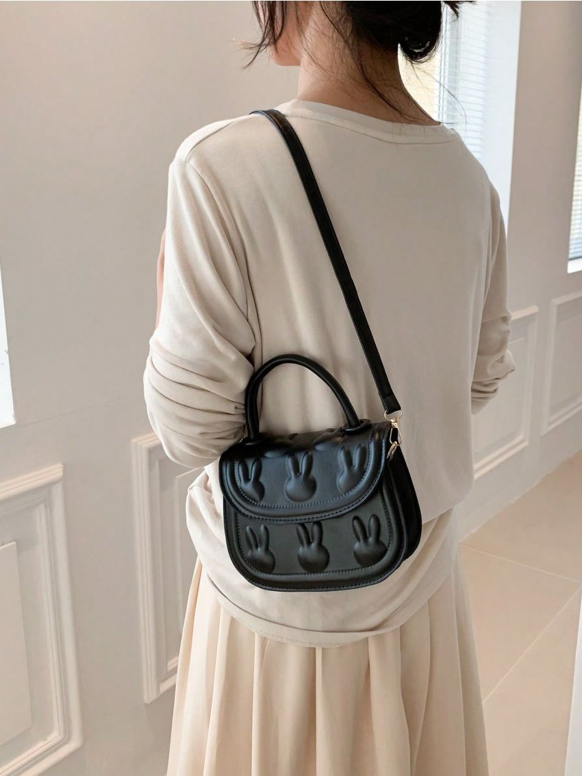 Mini Saddle Bag Rabbit Embossed PU Flap Black