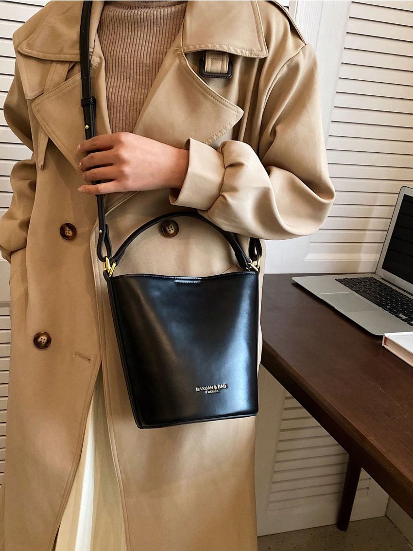 Small Bucket Bag Fashionable Letter Graphic Top Handle PU