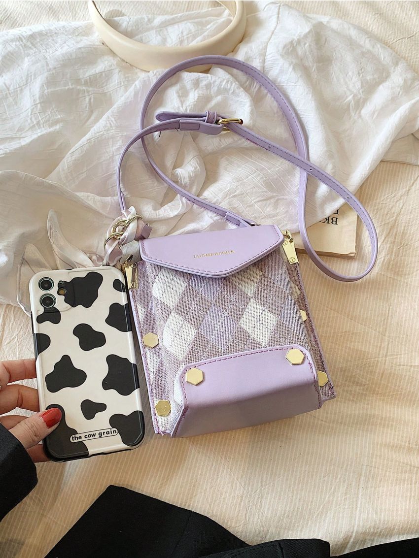 Mini Square Bag Fashionable Argyle & Letter Graphic Twilly Scarf & Studded Decor Flap PU