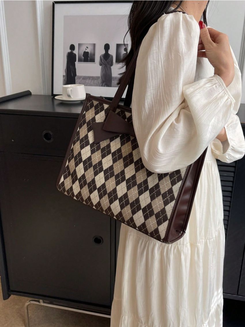 Small Shoulder Tote Bag Fashionable Argyle Pattern Bow Decor PU