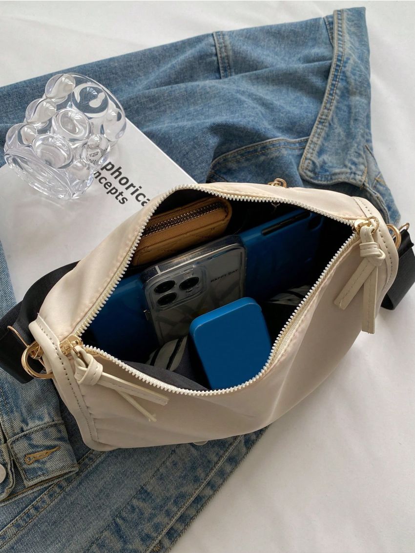 Medium Hobo Bag Fashionable Letter Patch Decor Adjustable Strap Nylon