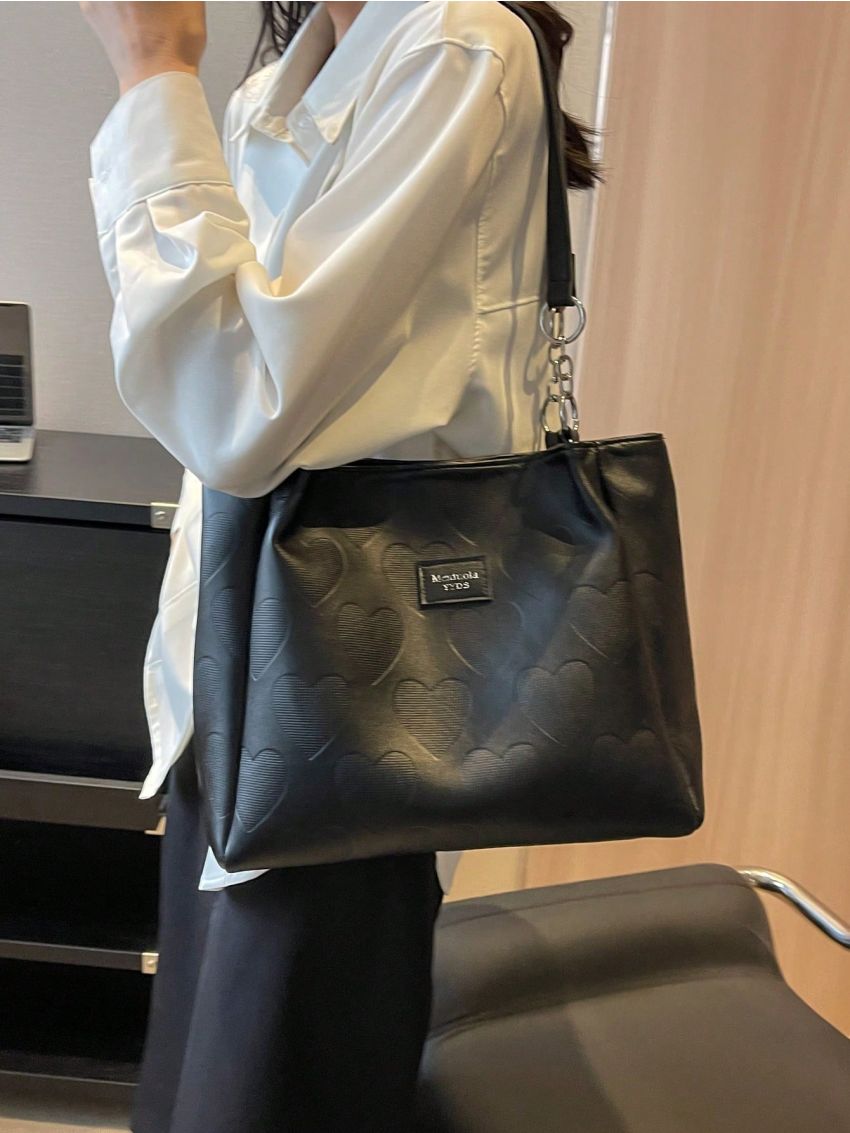 Heart Embossed Shoulder Tote Bag Fashionable Letter Patch Decor Chain PU