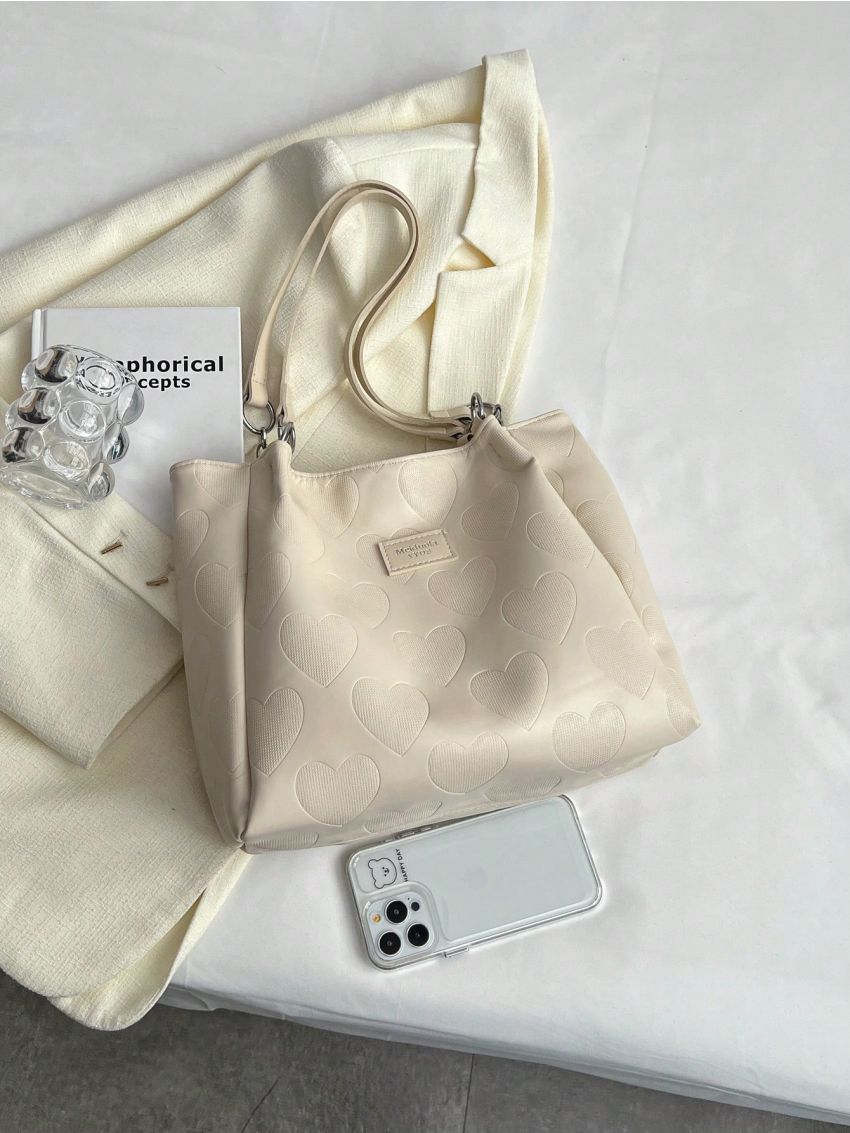 Heart Embossed Shoulder Tote Bag Fashionable Letter Patch Decor Chain PU