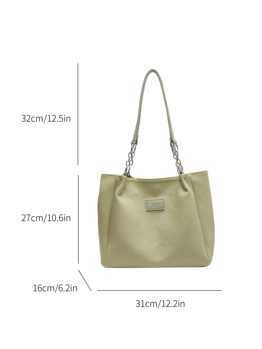 Heart Embossed Shoulder Tote Bag Fashionable Letter Patch Decor Chain PU