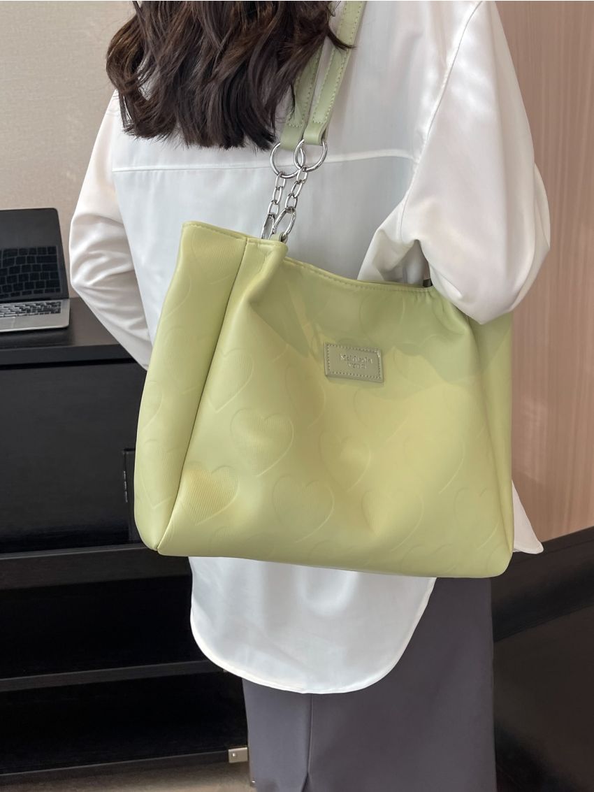 Heart Embossed Shoulder Tote Bag Fashionable Letter Patch Decor Chain PU