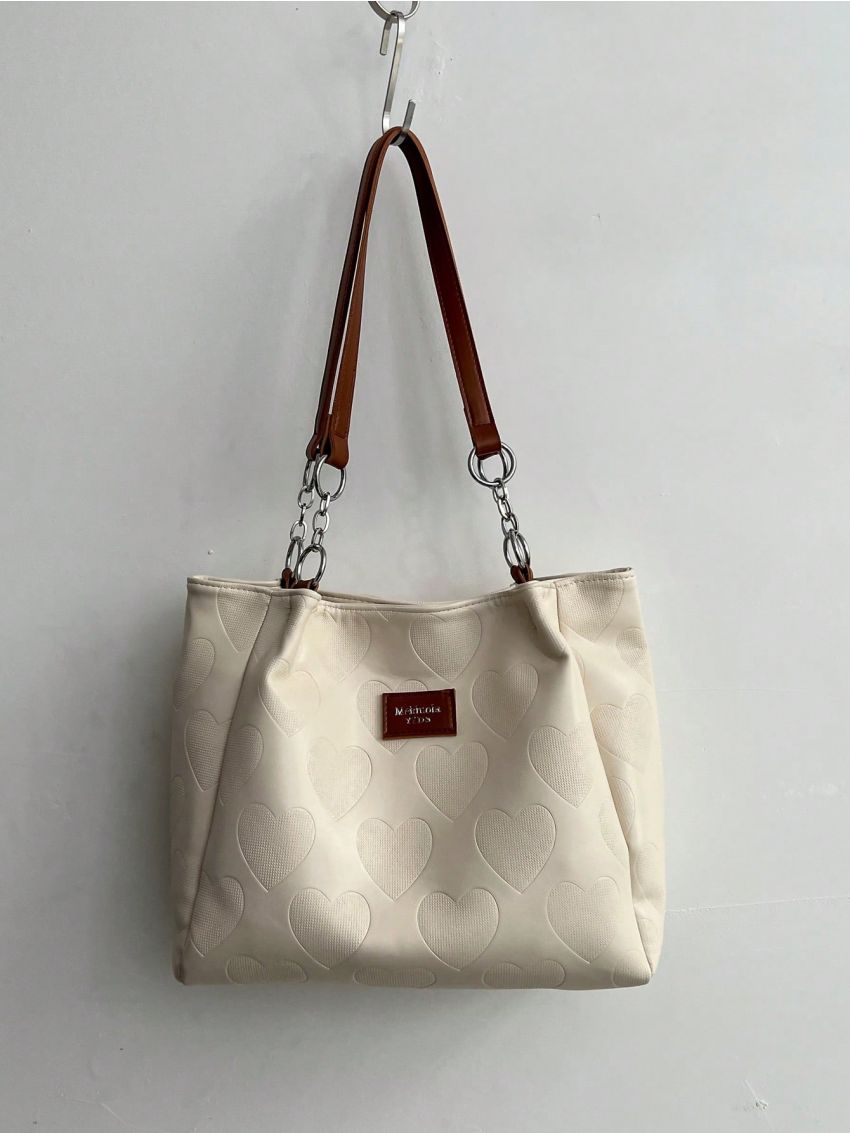 Heart Embossed Shoulder Tote Bag Fashionable Letter Patch Decor Chain PU
