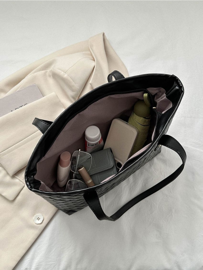 Black Shoulder Tote Bag Elegant Argyle Quilted Studded Decor PU