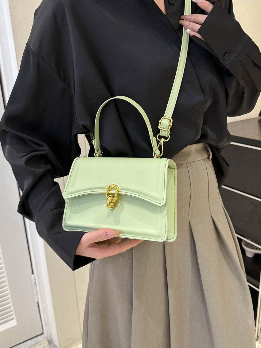 Mini Square Bag Green Metal Decor Flap For Daily