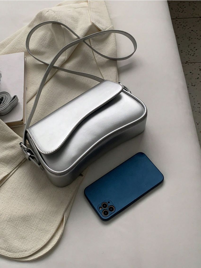 Irregular Flap Novelty Bag Faux Pearl Decor Metallic PU Funky