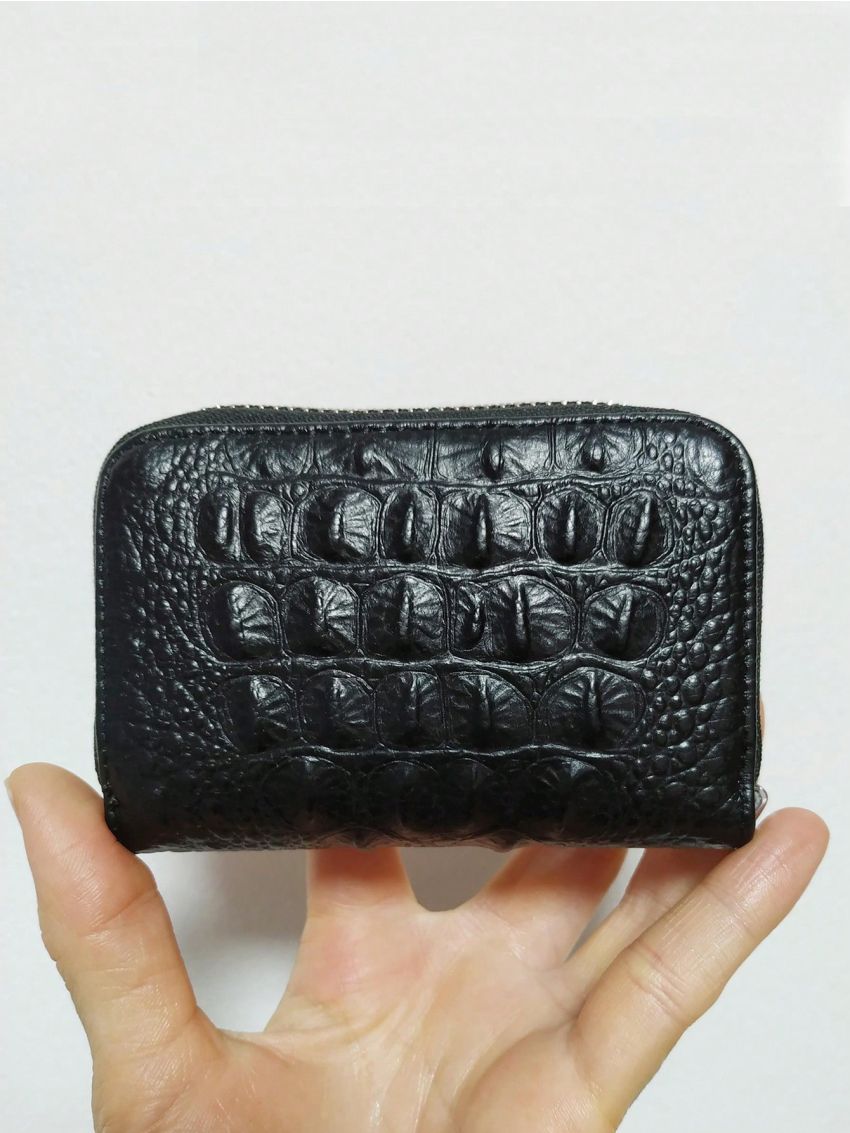 Crocodile Embossed Multiple Card Slots Black Genuine Leather Zipper Around For Daily