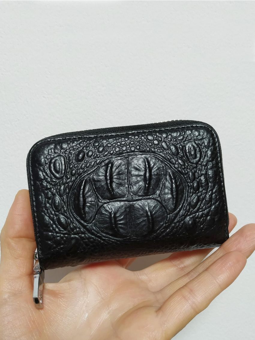 Crocodile Embossed Multiple Card Slots Black Genuine Leather Zipper Around For Daily