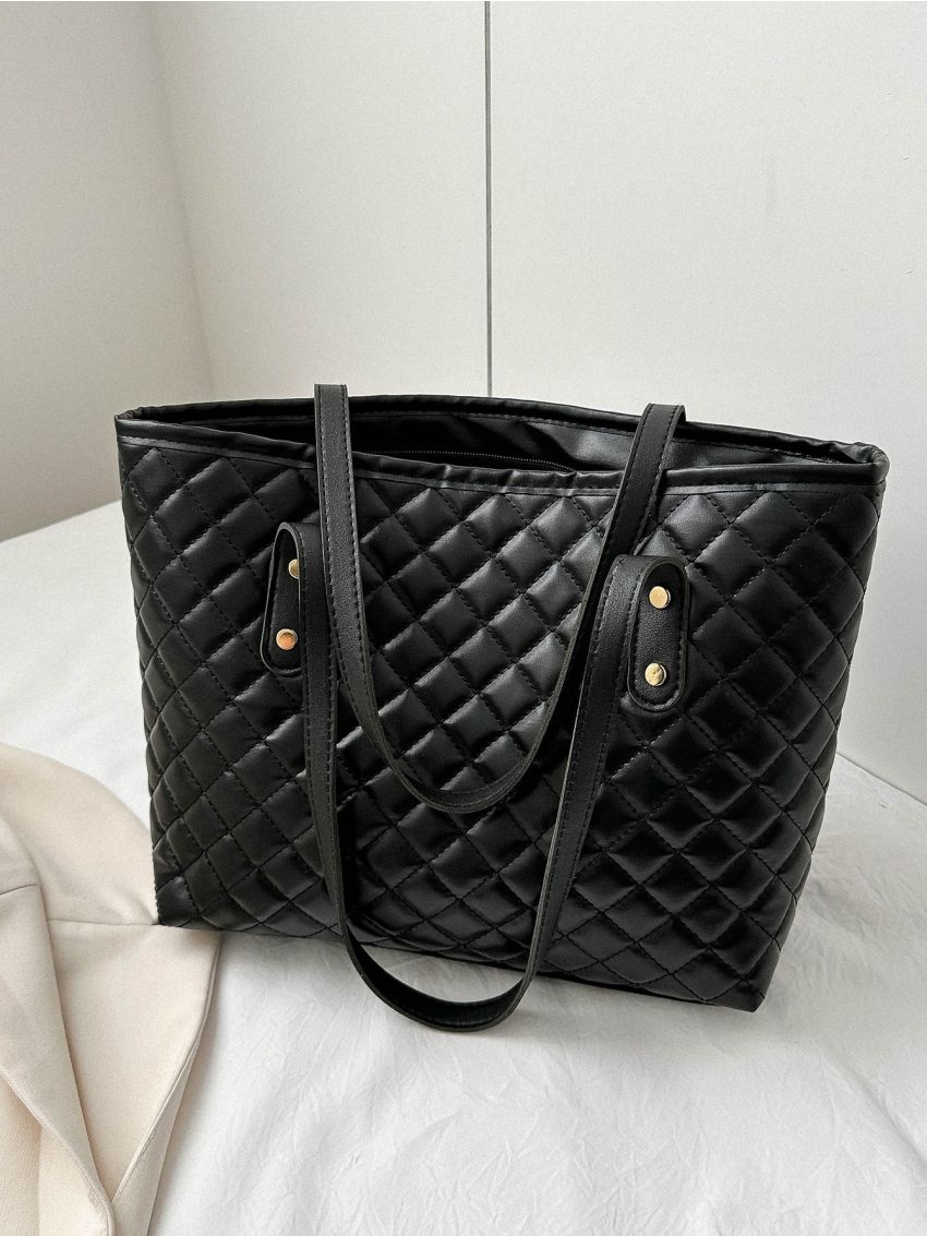 Black Shoulder Tote Bag Elegant Argyle Quilted Studded Decor PU