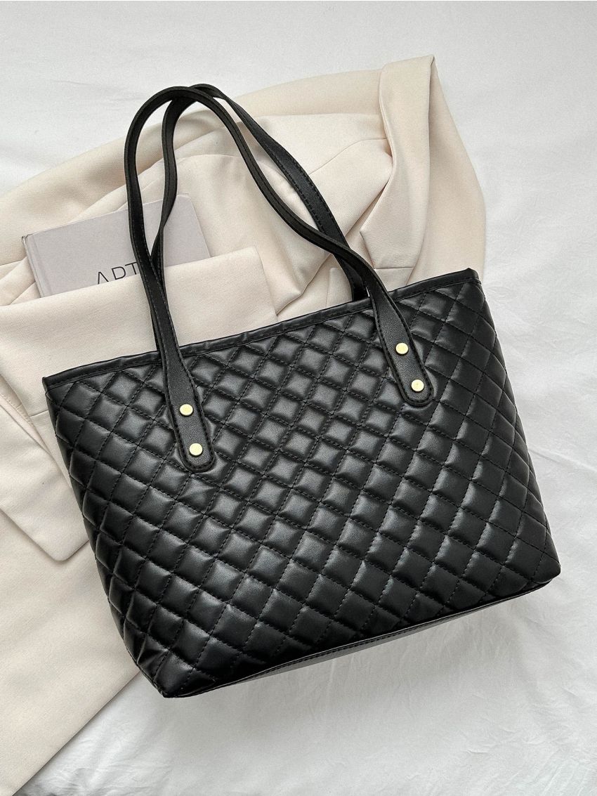 Black Shoulder Tote Bag Elegant Argyle Quilted Studded Decor PU